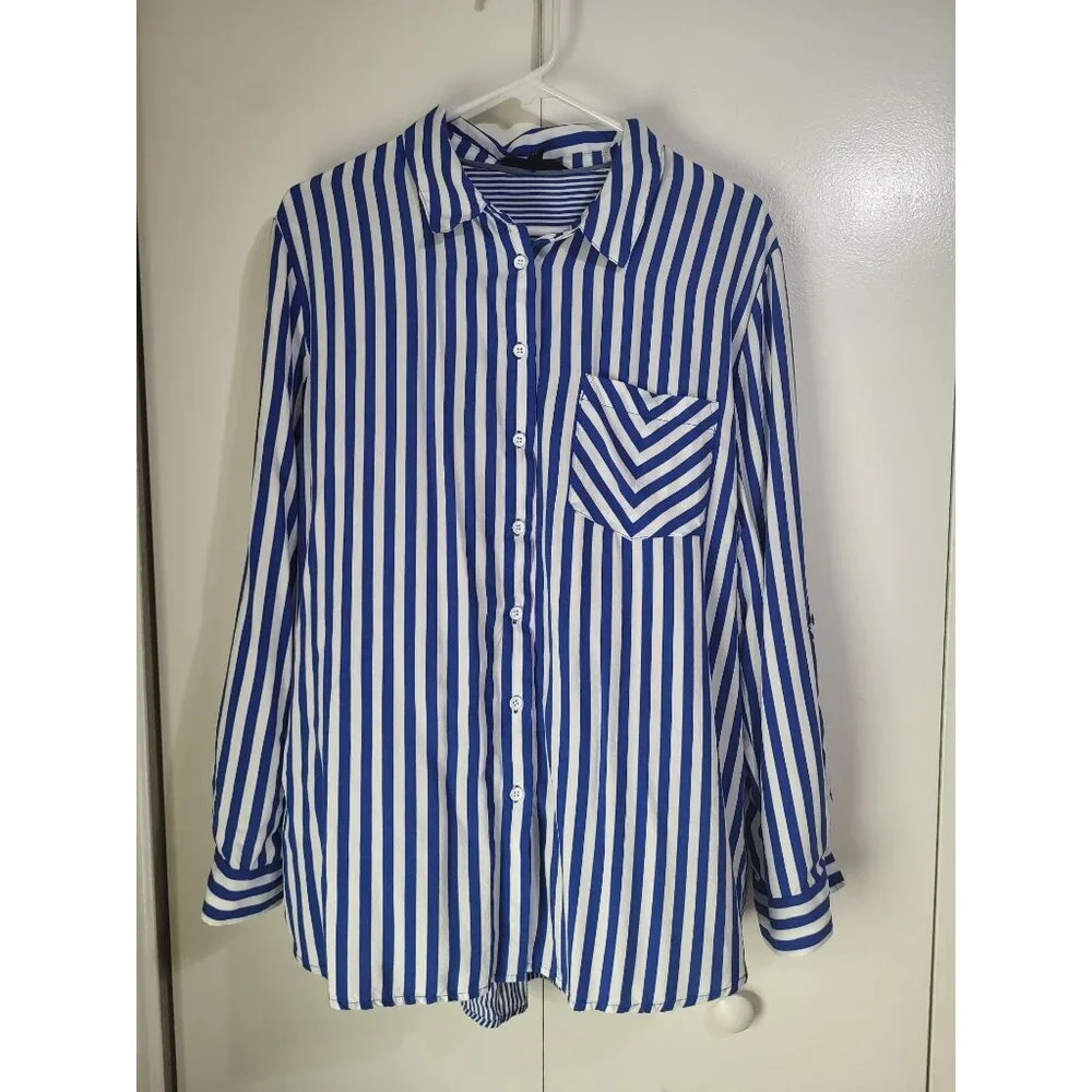 Jane & Delancey Women's XL Blue White Striped Button Down Shirt Coastal Beach - Picture 1 of 7